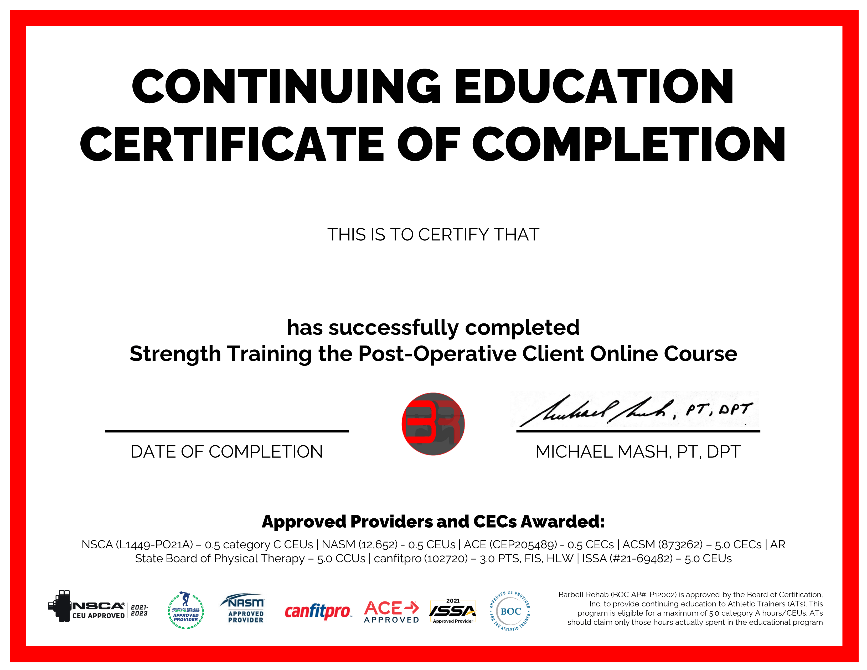 10-7 post-op course certificate - Barbell Rehab